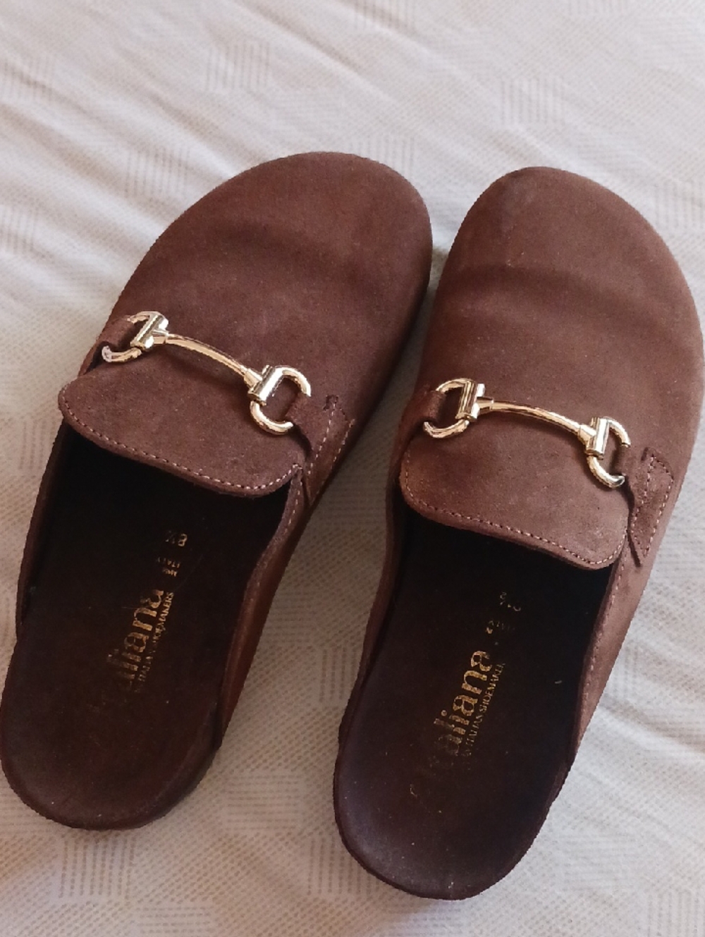 Italian Shoemaker Sarabi- Brown Suede Slip-On Loafers with Gold Bit